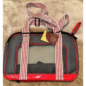 New Pet Life  Carrier Shoulder Bag Gray Red Dog Cat Adjustable Straps Zip Closur